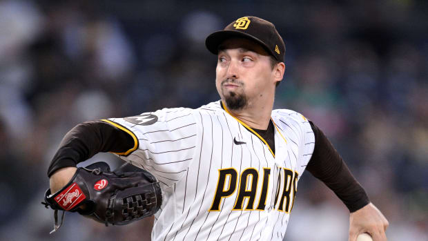 Sep 19, 2023; San Diego, California, USA; San Diego Padres starting pitcher Blake Snell (4) throws a pitch against the Colorado Rockies during the first inning at Petco Park. Mandatory Credit: Orlando Ramirez-USA TODAY Sports  
